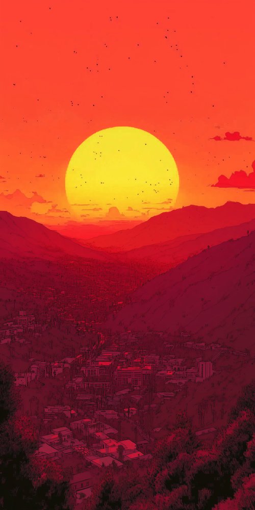 A sunset with a red sky and a city in the background wallpaper