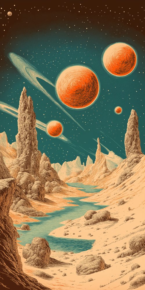 A painting of a landscape with planets and a river wallpaper