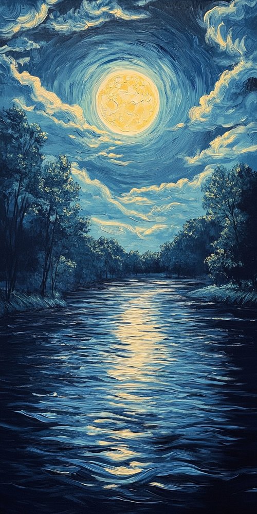 Moonlit river and trees painting wallpaper