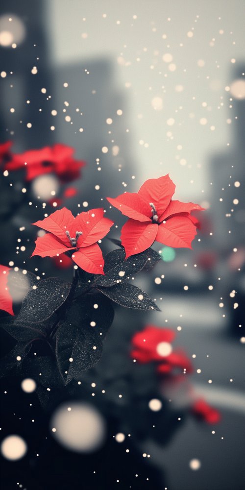 Red flowers on Christmas wallpaper