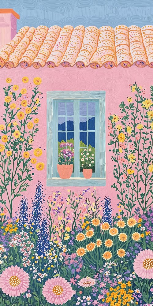 Colorful house with flower garden wallpaper