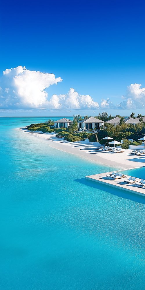 Tropical beach with luxury villas wallpaper