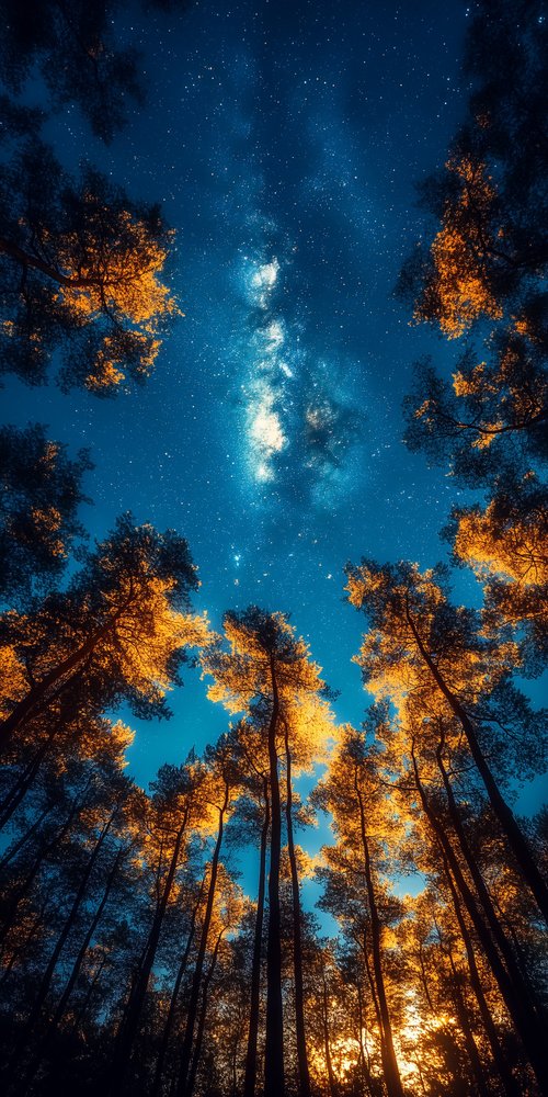 Starry sky through forest trees wallpaper