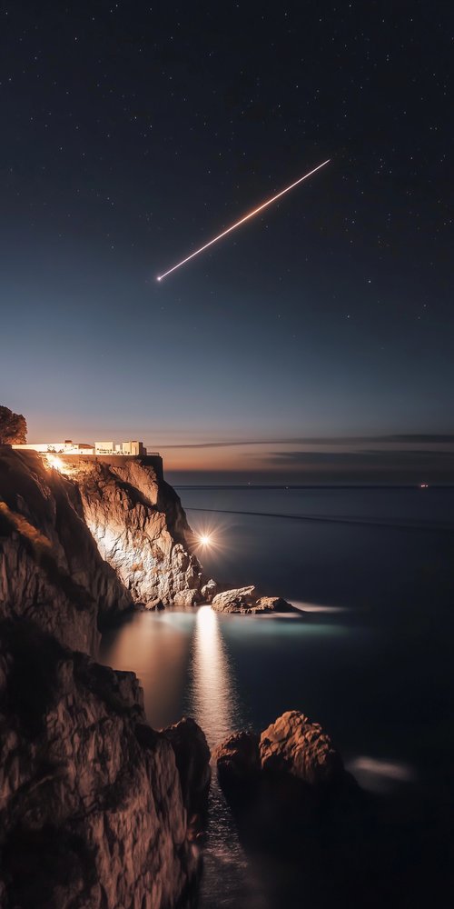 Coastal cliff with meteor streak wallpaper