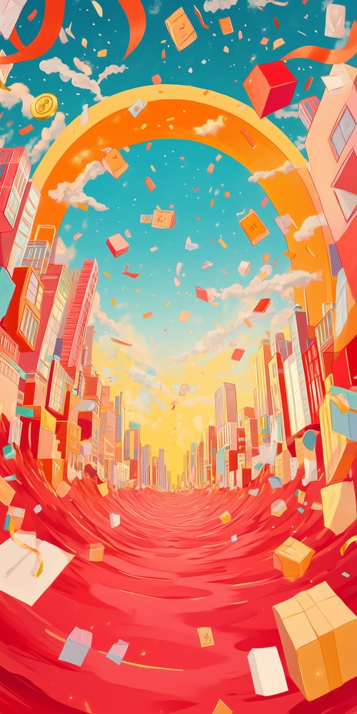 Surreal cityscape with floating boxes wallpaper