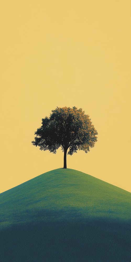 Tree on grassy hill yellow wallpaper