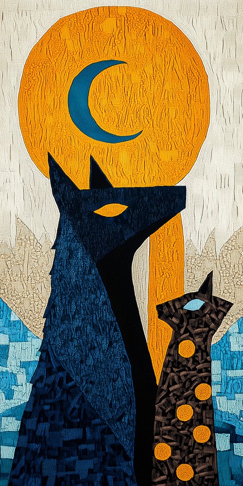 Stylized animals under crescent moon wallpaper