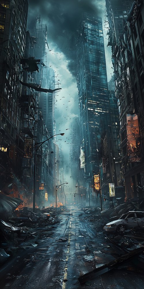 Post apocalyptic cityscape with debris wallpaper