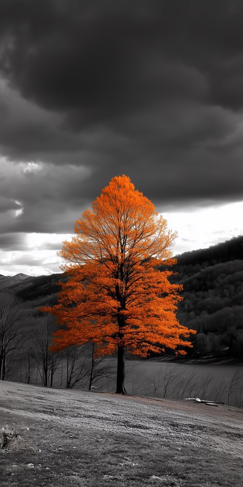 A lone tree in a field with a cloudy sky wallpaper