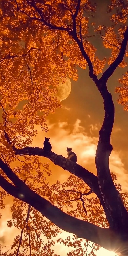 A cat sitting on a tree branch in the sun wallpaper