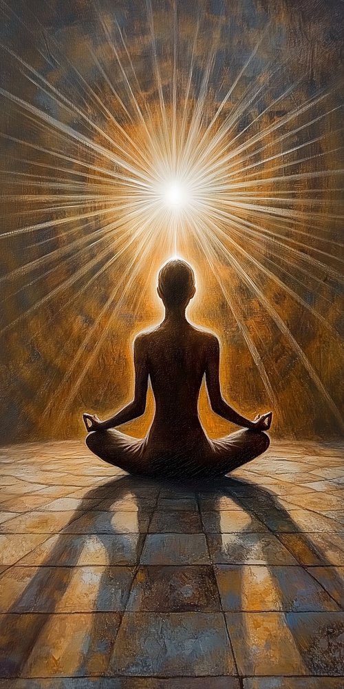A person sitting in a meditation position with the sun shining through their eyes wallpaper