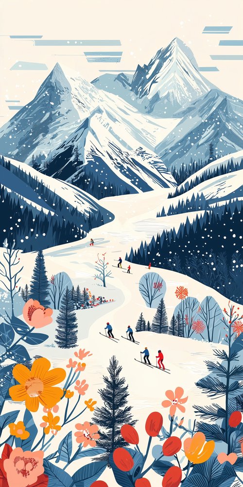 Skiers on snowy mountain landscape wallpaper