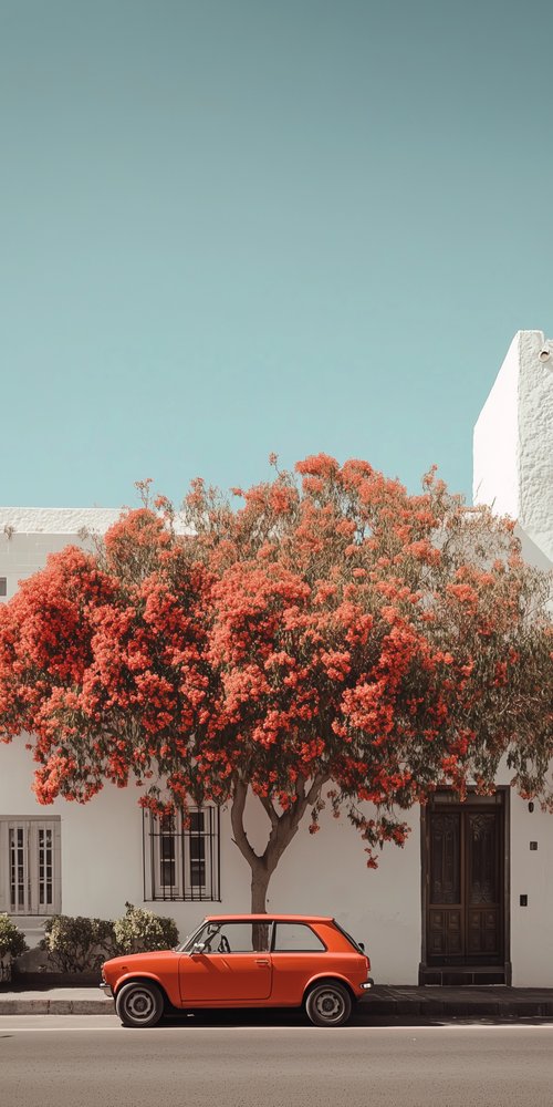 Orange car under flowering tree wallpaper