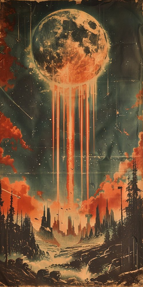Apocalyptic cityscape with giant moon wallpaper