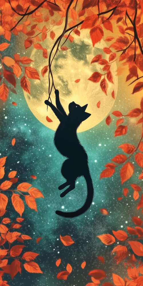 A cat is sitting on a branch in the moonlight wallpaper