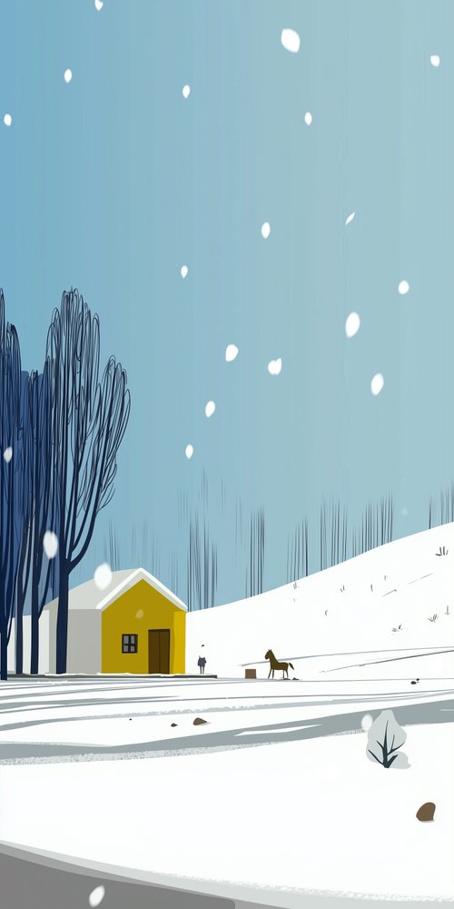 A snowy scene with a yellow house and trees wallpaper