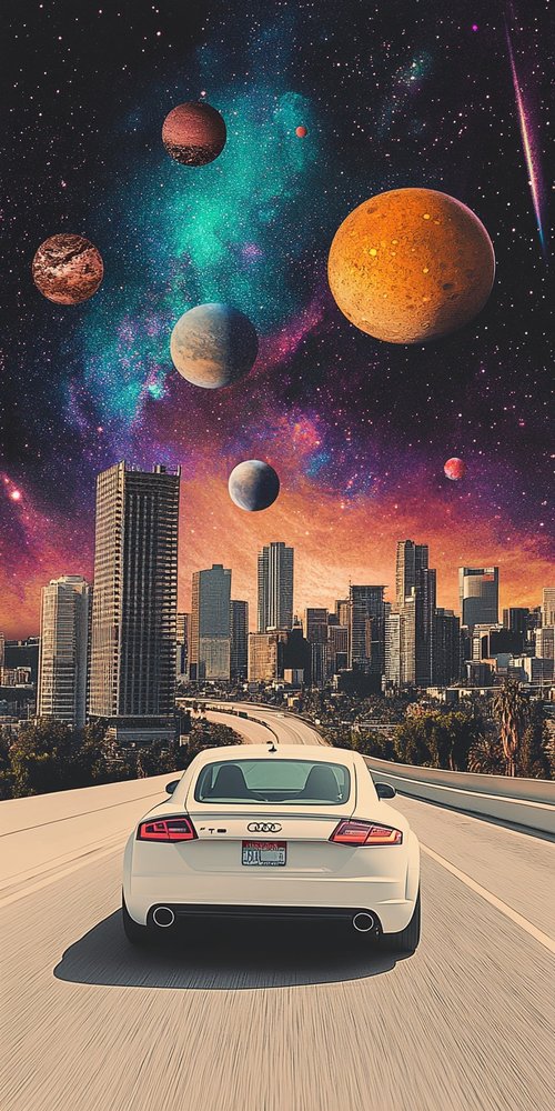 Car driving towards futuristic city wallpaper