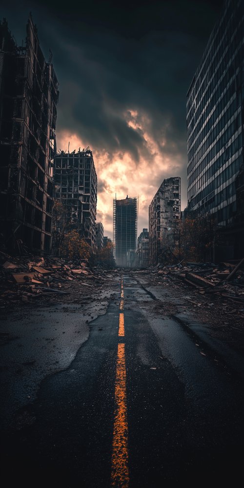 Desolate urban street damaged buildings wallpaper
