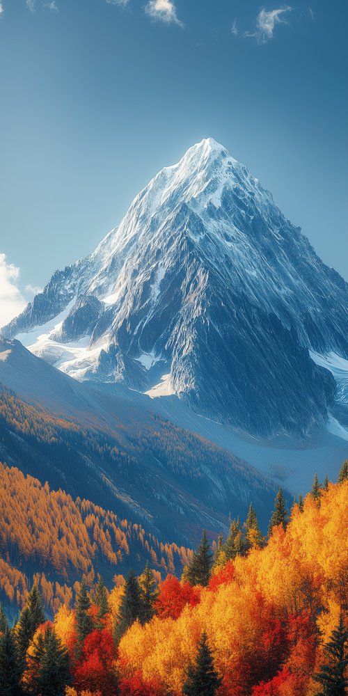 Snowy mountain with autumn trees wallpaper