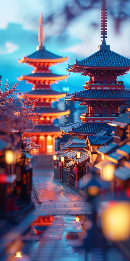 Japanese pagoda buildings at dusk wallpaper