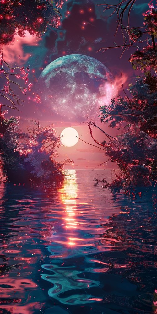 Moonlit water with glowing trees wallpaper