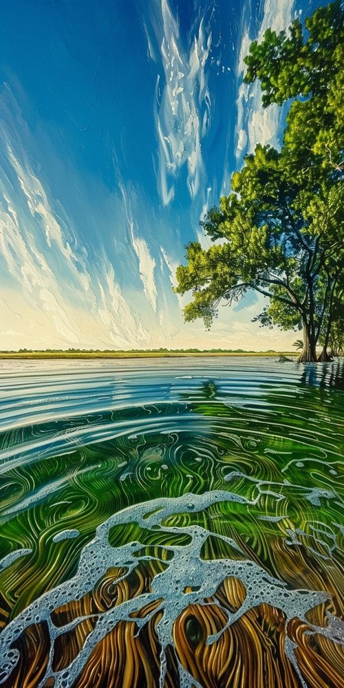 lake_trees_sky_foam wallpaper