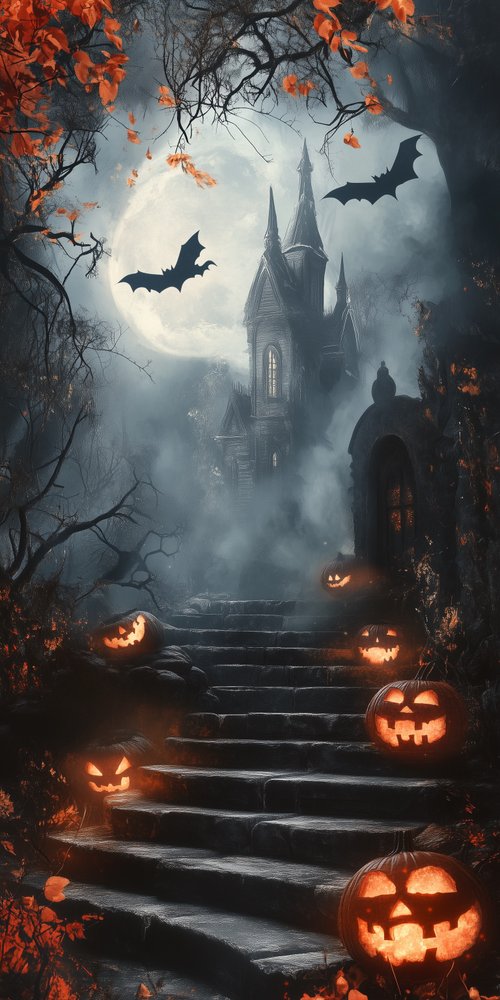 Haunted house with jack o lanterns wallpaper
