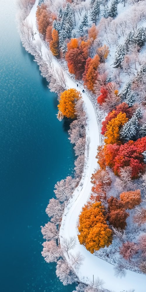 Snowy road with colorful trees wallpaper