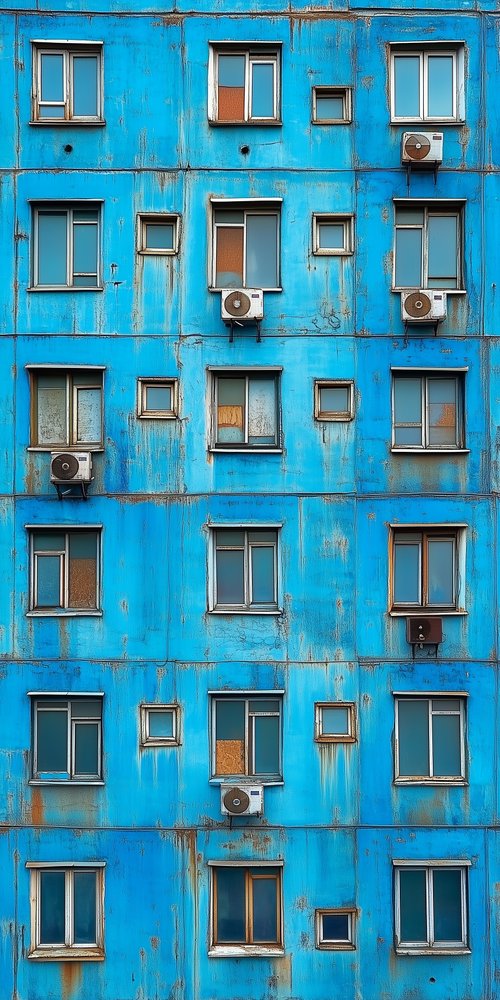Blue building with windows air conditioners wallpaper