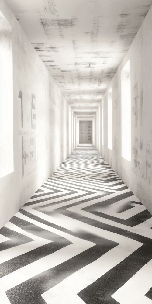 A long hallway with black and white stripes wallpaper
