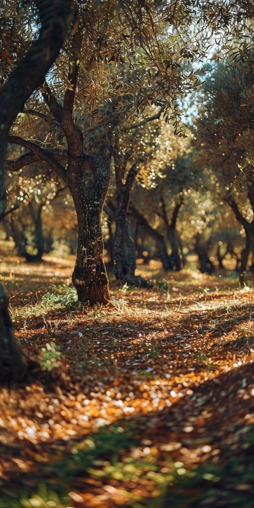 Olive tree grove sunlit forest scene wallpaper
