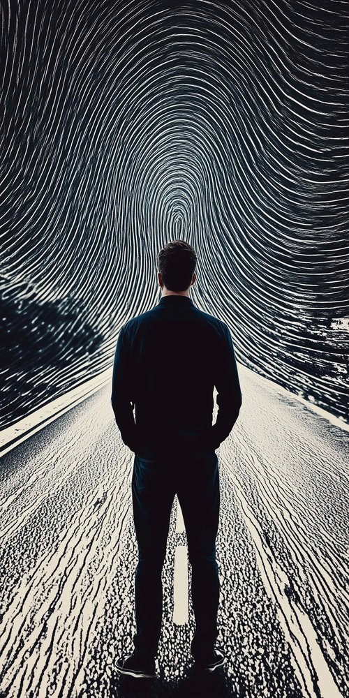 A man standing in a tunnel with a light at the end wallpaper