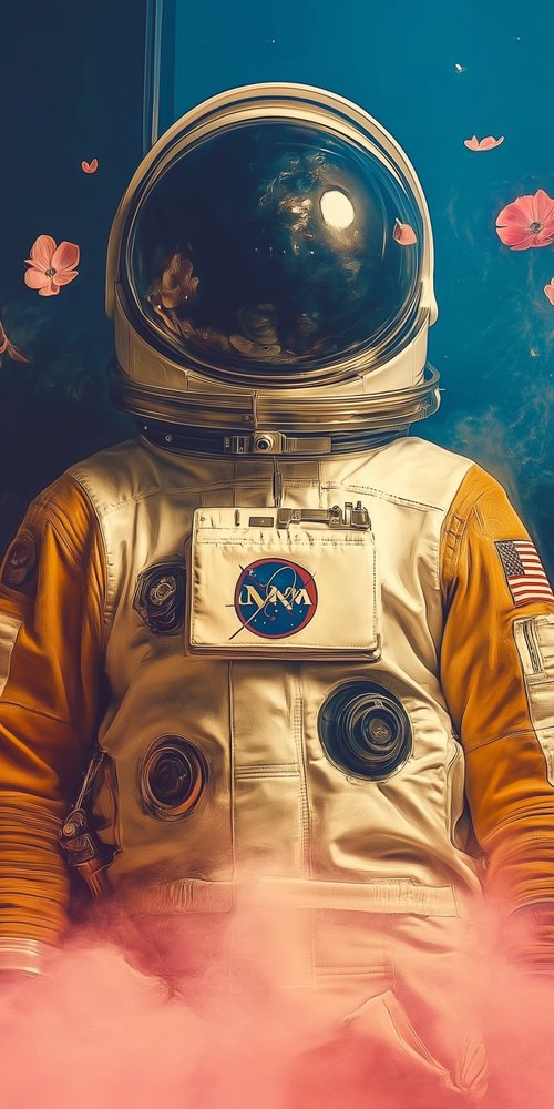 A man in an astronaut suit sitting on a pink cloud