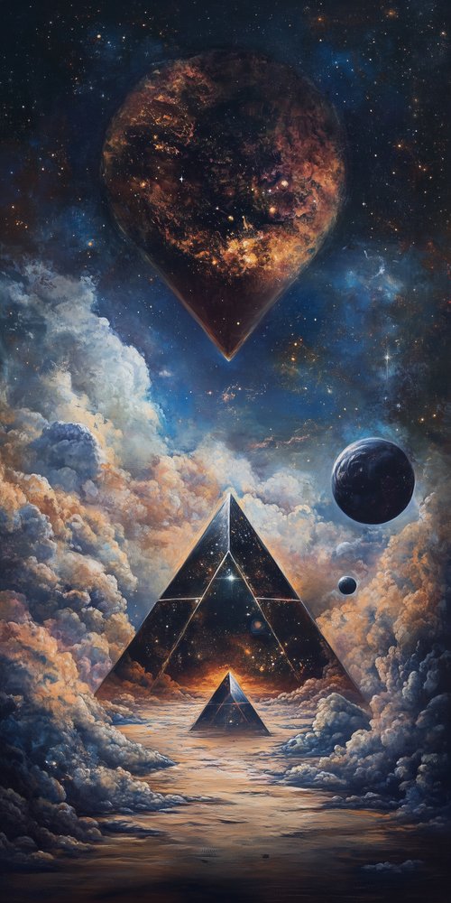 Surreal pyramids and celestial bodies wallpaper