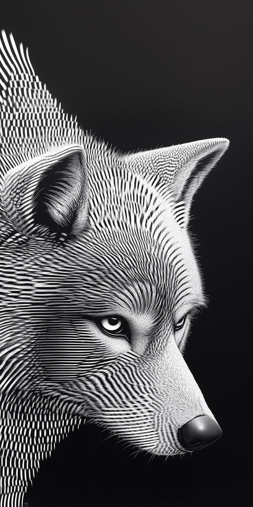 A black and white drawing of a wolf wallpaper