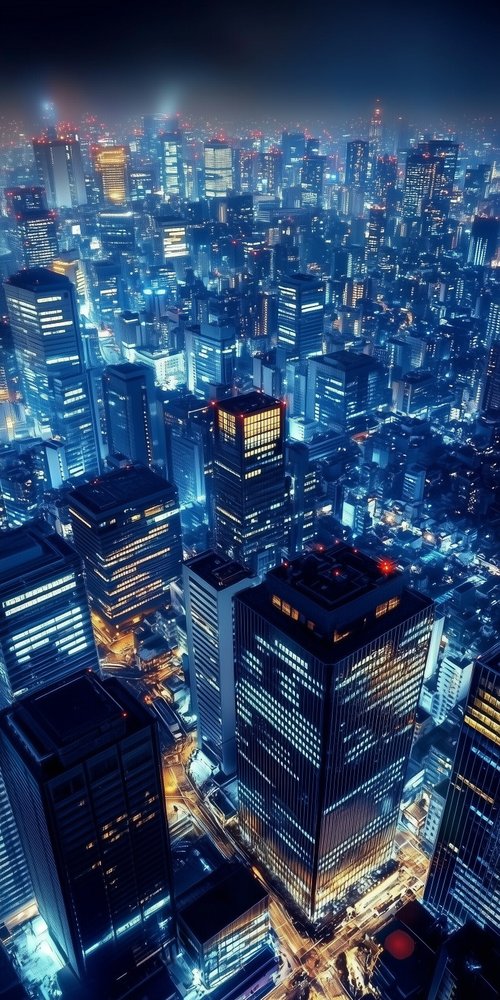 Cityscape at night illuminated buildings wallpaper
