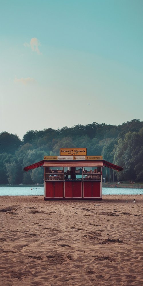 Beach kiosk with trees background wallpaper