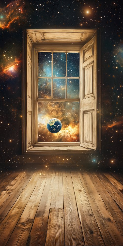 A window with a view of a planet wallpaper