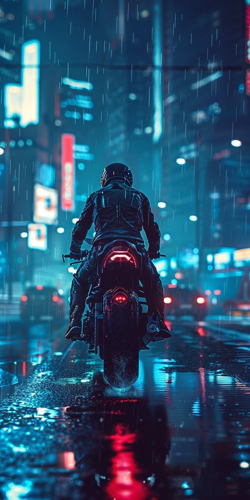 Cyberpunk motorcycle night rain wallpaper
