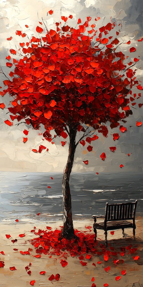 A painting of a tree with red leaves wallpaper