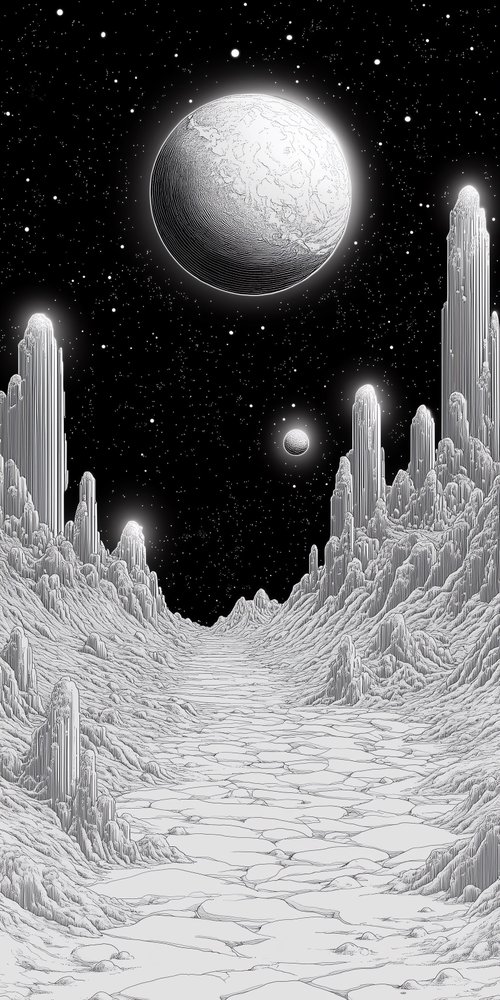 A black and white illustration with a moon wallpaper
