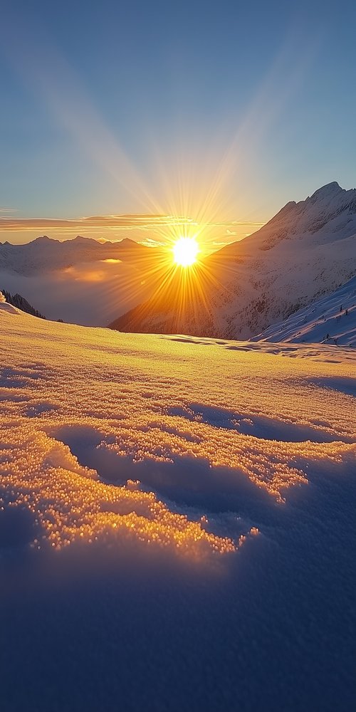 Sunrise over snowy mountains wallpaper