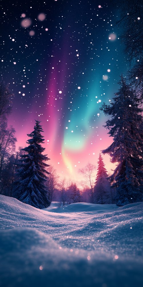 A snowy scene with a bright aurora bore wallpaper