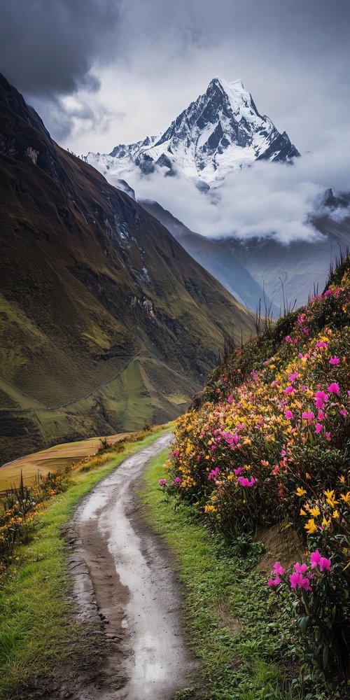 Mountain path with wildflowers wallpaper