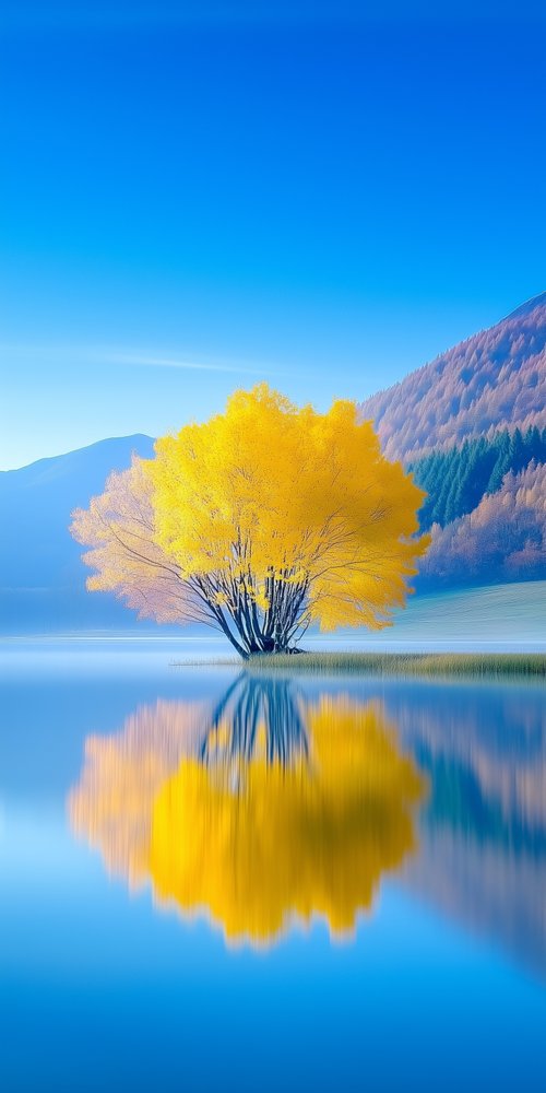Yellow tree reflected in water wallpaper