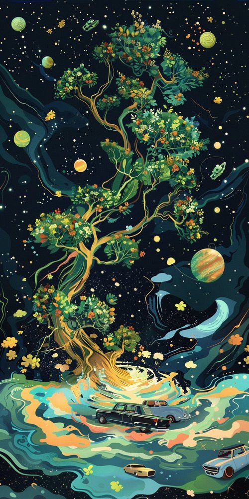 Tree in space with cars wallpaper