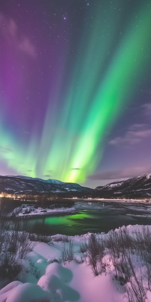 Northern lights over snowy landscape wallpaper
