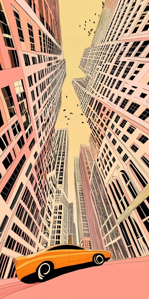 A car driving through a city with tall buildings wallpaper