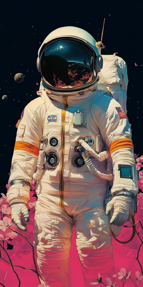 An astronaut standing in a field of flowers wallpaper