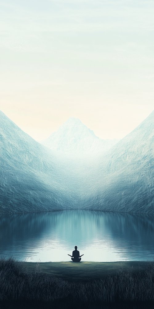 Person meditating by lake wallpaper